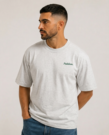 Gray heavyweight T-shirt with crew neck, short sleeves, and small chest logo