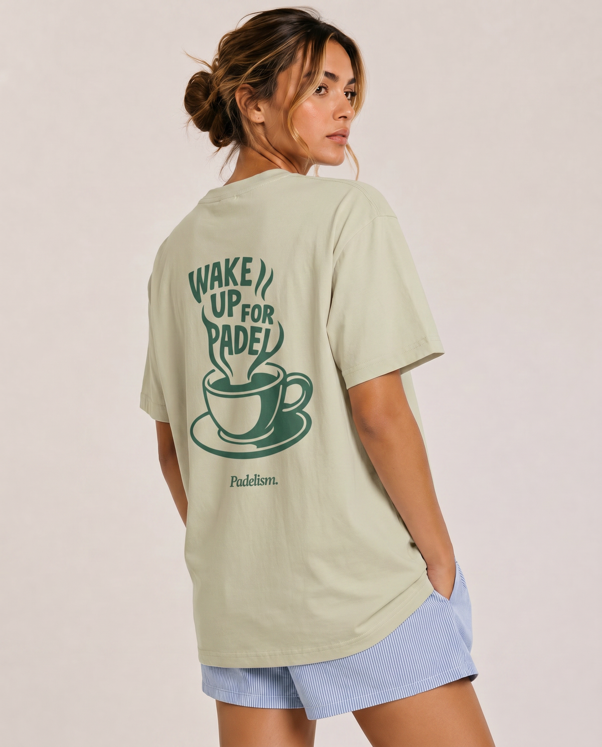 Gray-green heavyweight T-shirt with crew neck, short sleeves, and large back graphic logo
