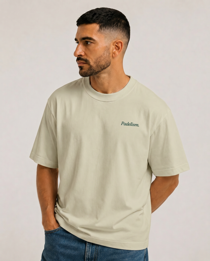 Oat-colored heavyweight T-shirt with crew neck, short sleeves, and small chest logo