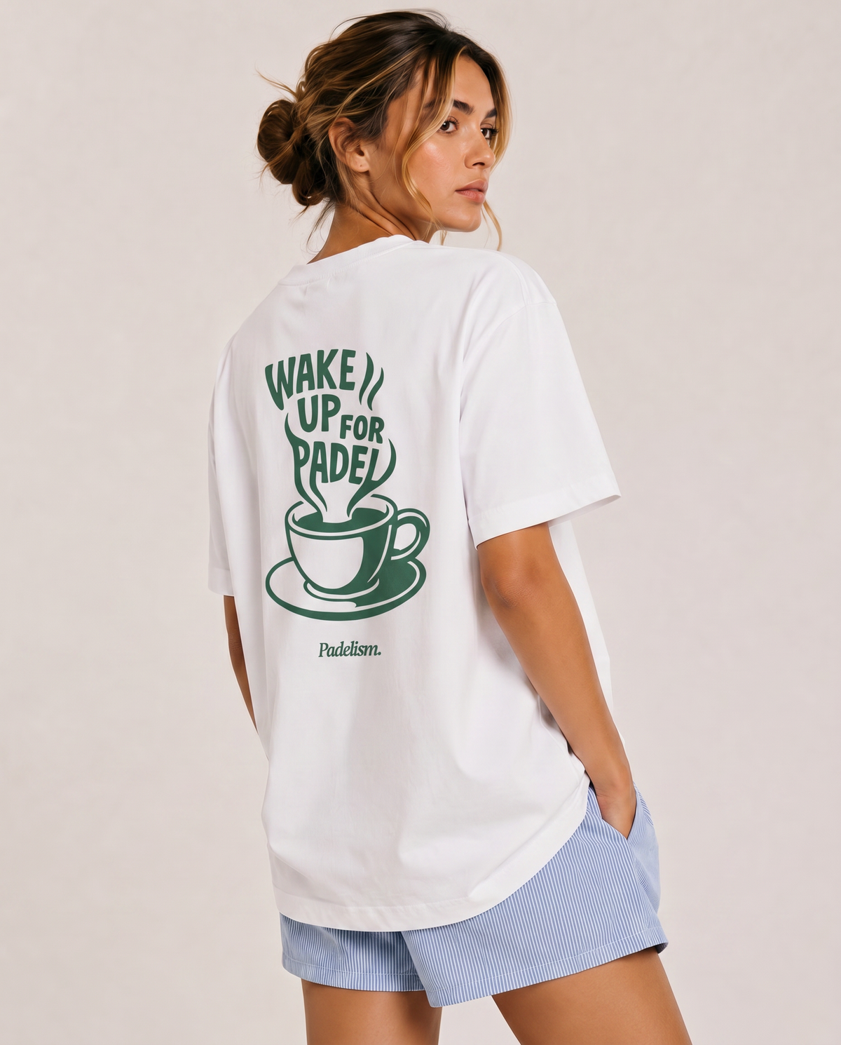 White heavyweight T-shirt with green back coffee graphic, crew neck, Padelism.