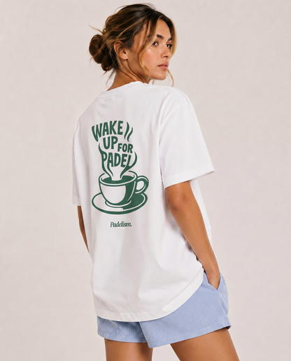 White heavyweight T-shirt with green back coffee graphic, crew neck, Padelism.