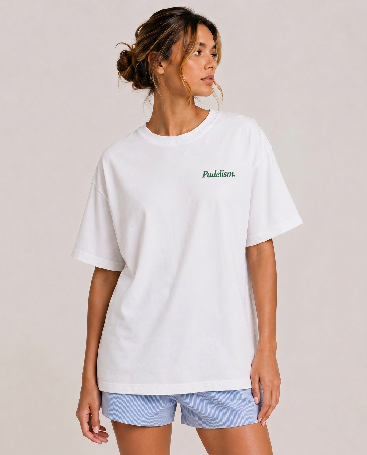 White heavyweight T-shirt with crew neck, short sleeves, and small chest logo