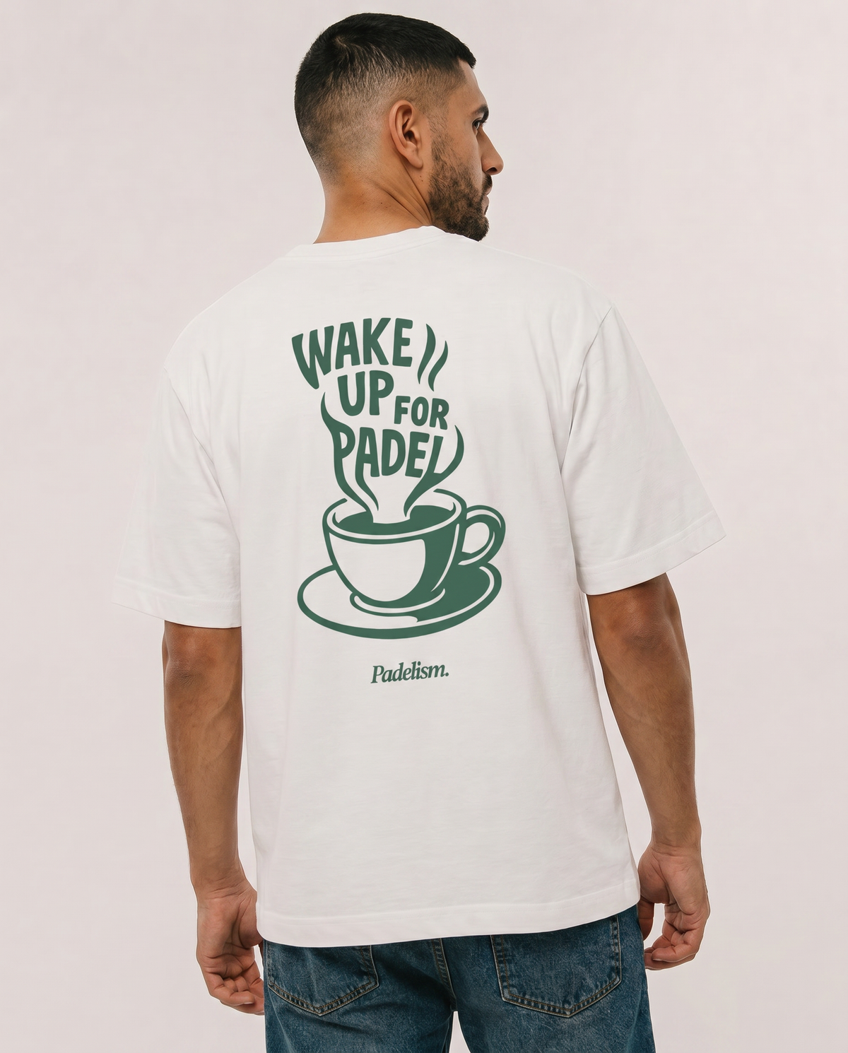 White heavyweight T-shirt with green back coffee graphic and Padelism logo.