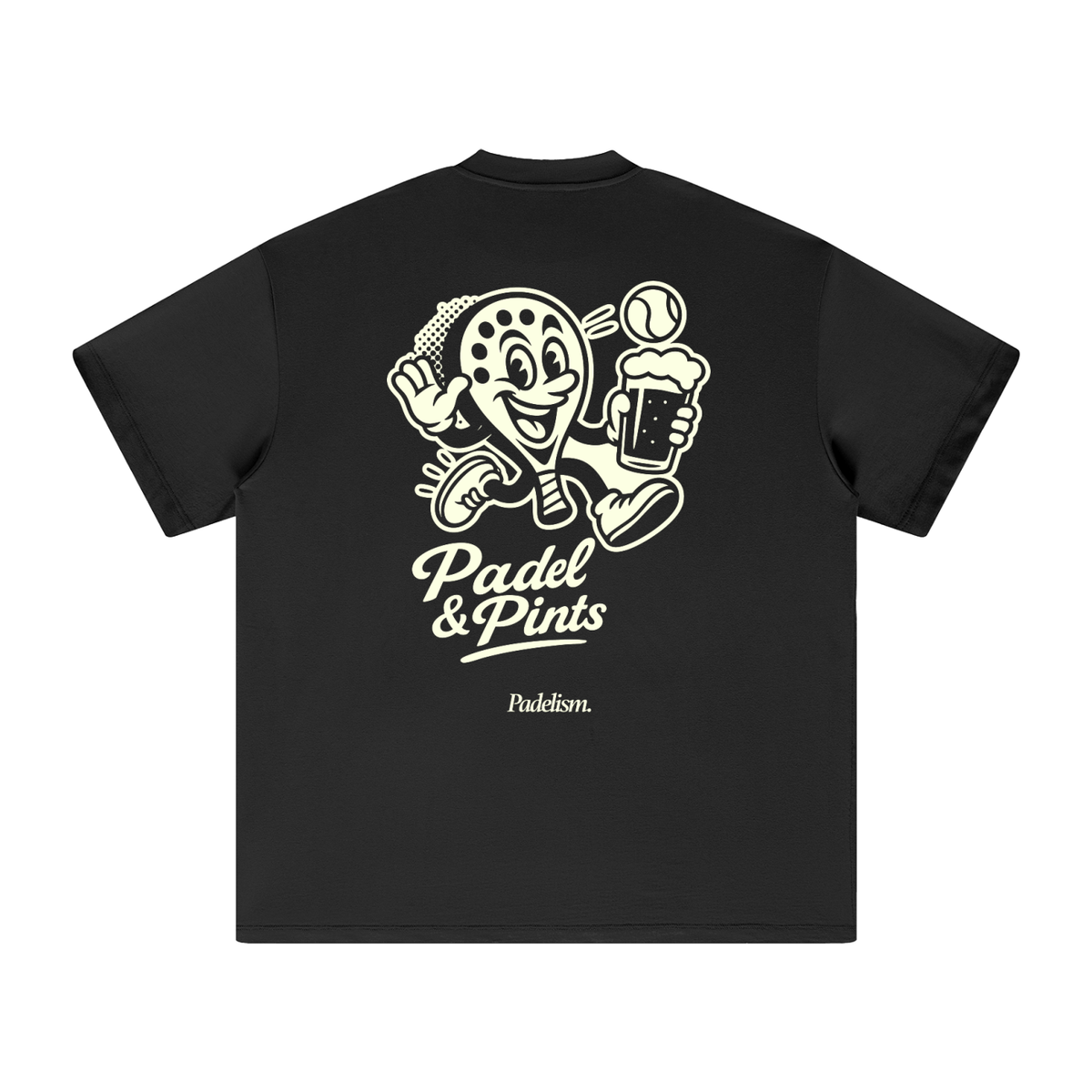 Black heavyweight t-shirt with back cartoon Padel & Pints print