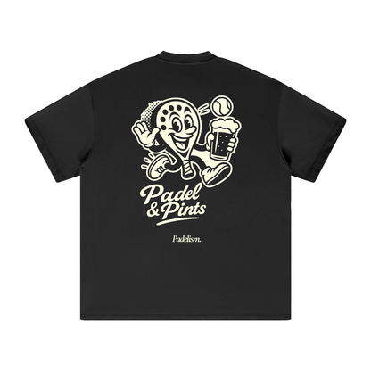Black heavyweight t-shirt with back cartoon Padel & Pints print