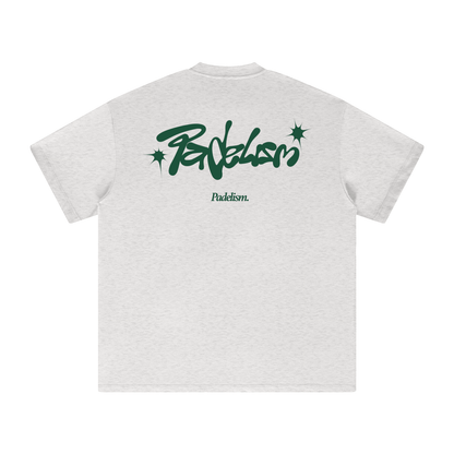 Light gray heavyweight T-shirt, back graphic with green logo and starburst icons
