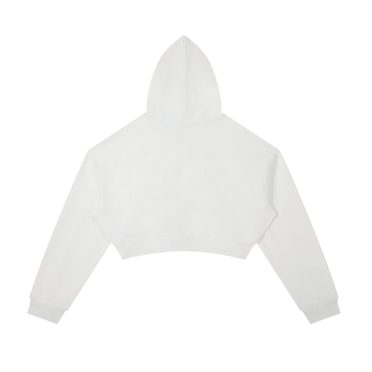 Back view of white cropped zip hoodie with hood and drawstring