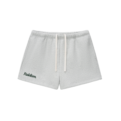 Flower gray shorts with elastic waistband, drawstring, and logo patch on left leg