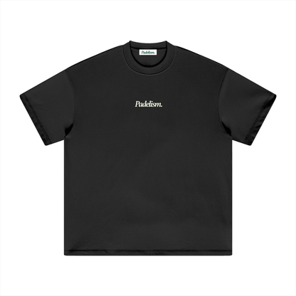 Black heavyweight T-shirt with crew neck and small chest logo text, short sleeves