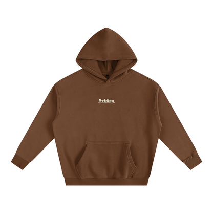 Brown box hoodie with hood, front kangaroo pocket, and small chest logo.