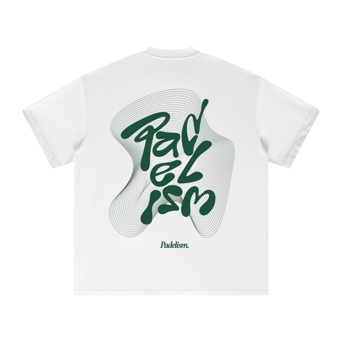 Heavyweight T-shirt, white; large green back graphic print, short sleeves, crew neck.