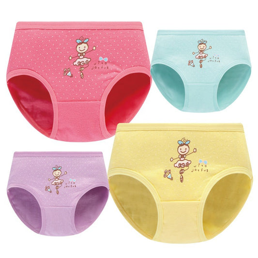 Four-pack girls' cotton briefs in pink, mint, lavender, and yellow with rabbit cartoon prints