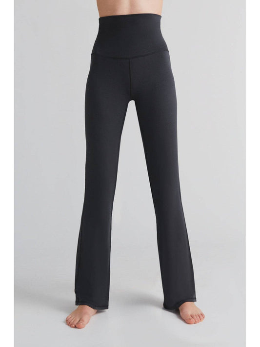Black womens flared leggings with high-rise waistband