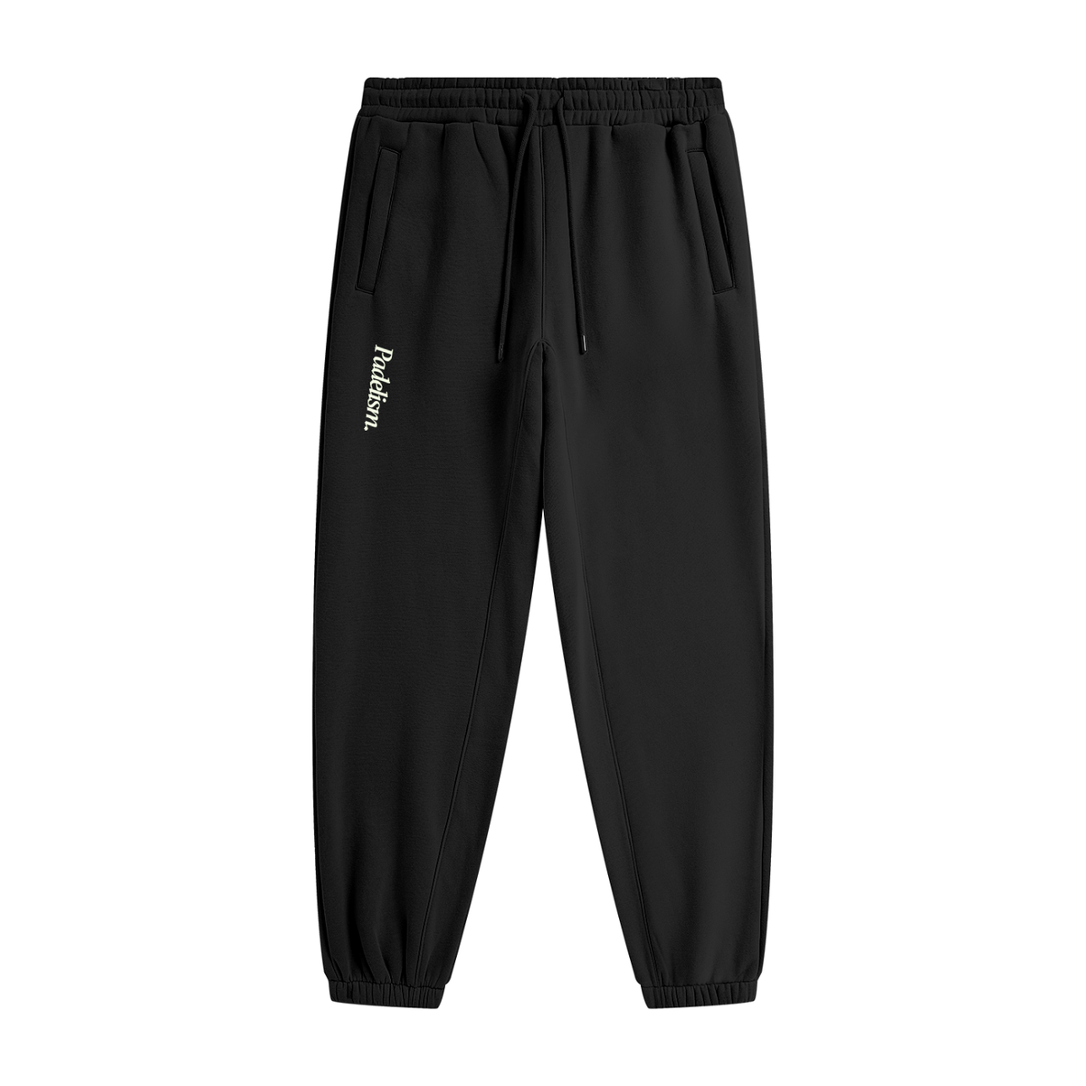 Black heavyweight fleece joggers with elastic waist and drawstring; Padelism logo on leg