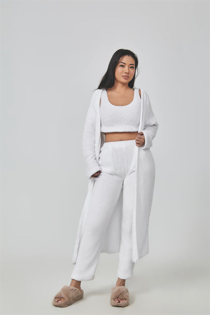 Women’s white 3-piece lounge set with crop top, drawstring pants, long robe.