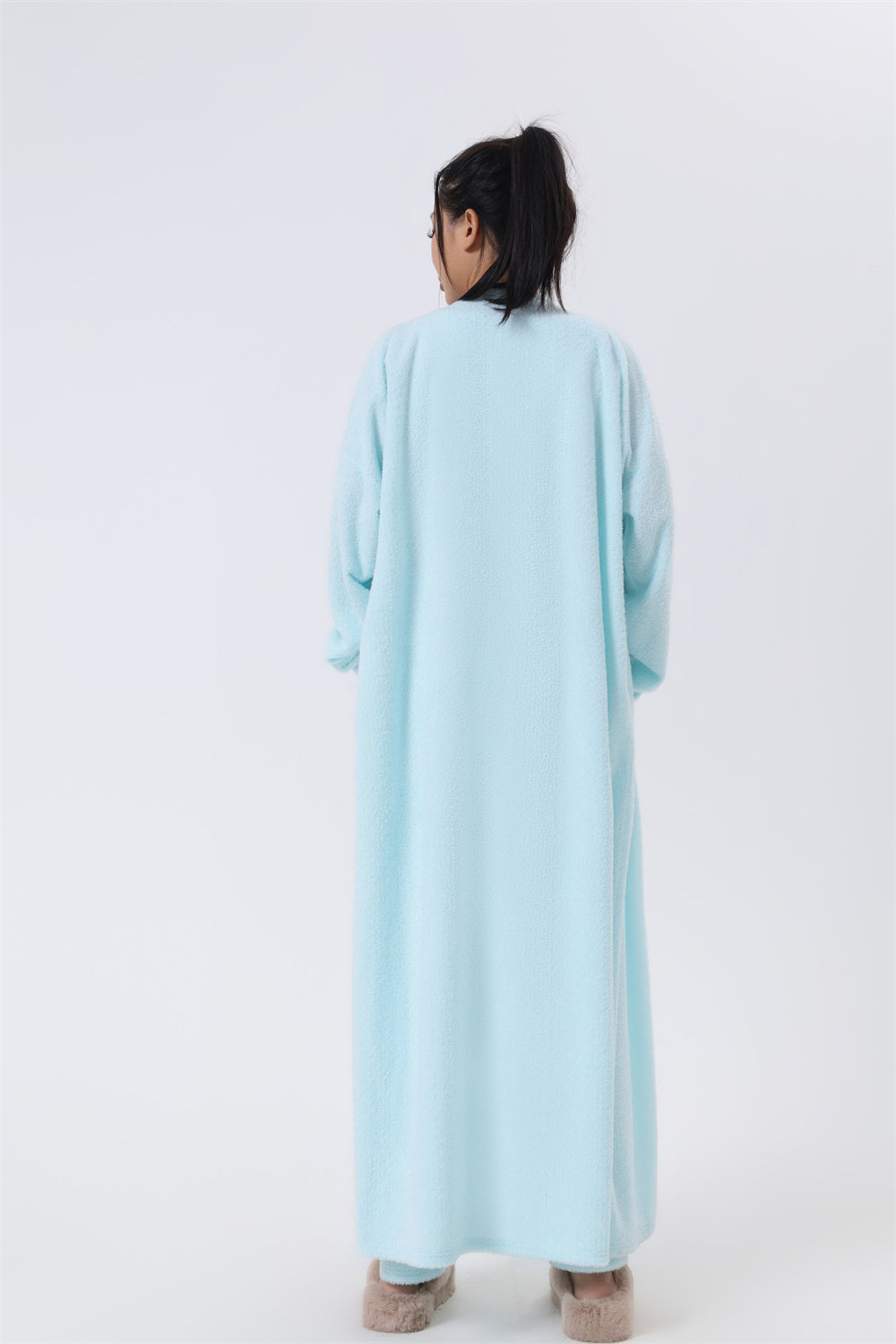 Light blue long cardigan robe over matching lounge pajama set with crop tank and pants