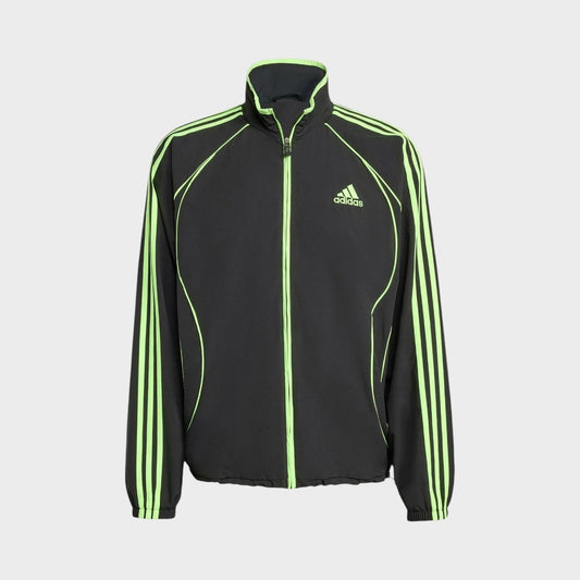 Black training jacket with neon green stripes, full zip and stand collar, Adidas logo