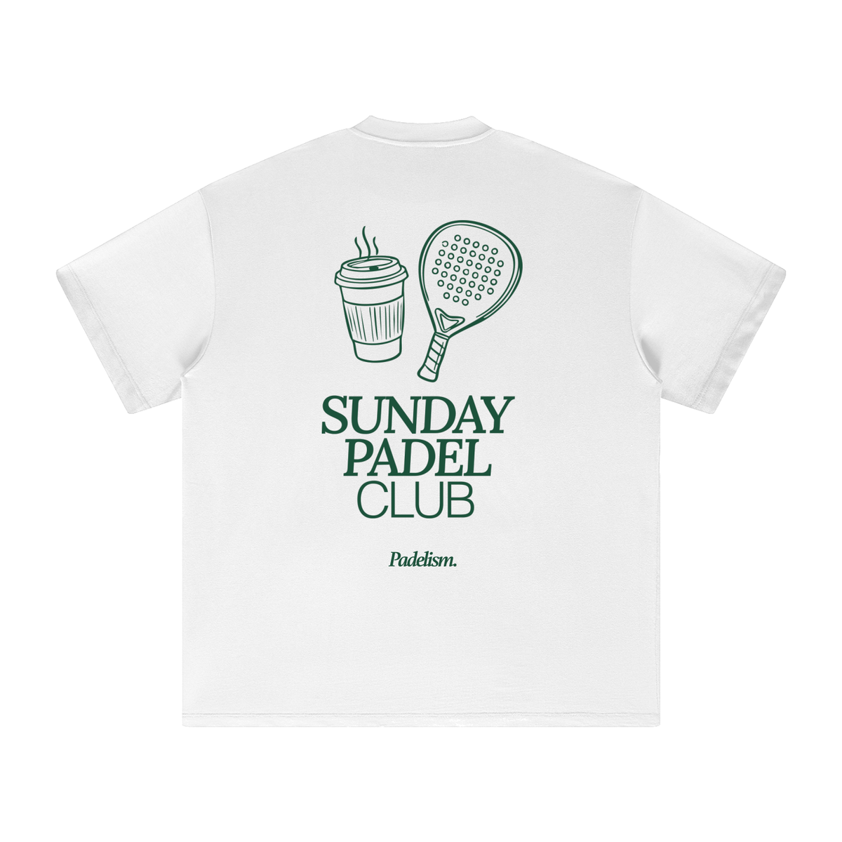 Heavyweight T-shirt, white, back graphic “Sunday Padel Club” with drink and paddle icons