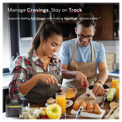 Dietary supplement bottle with label visible in lower left on a kitchen meal prep scene