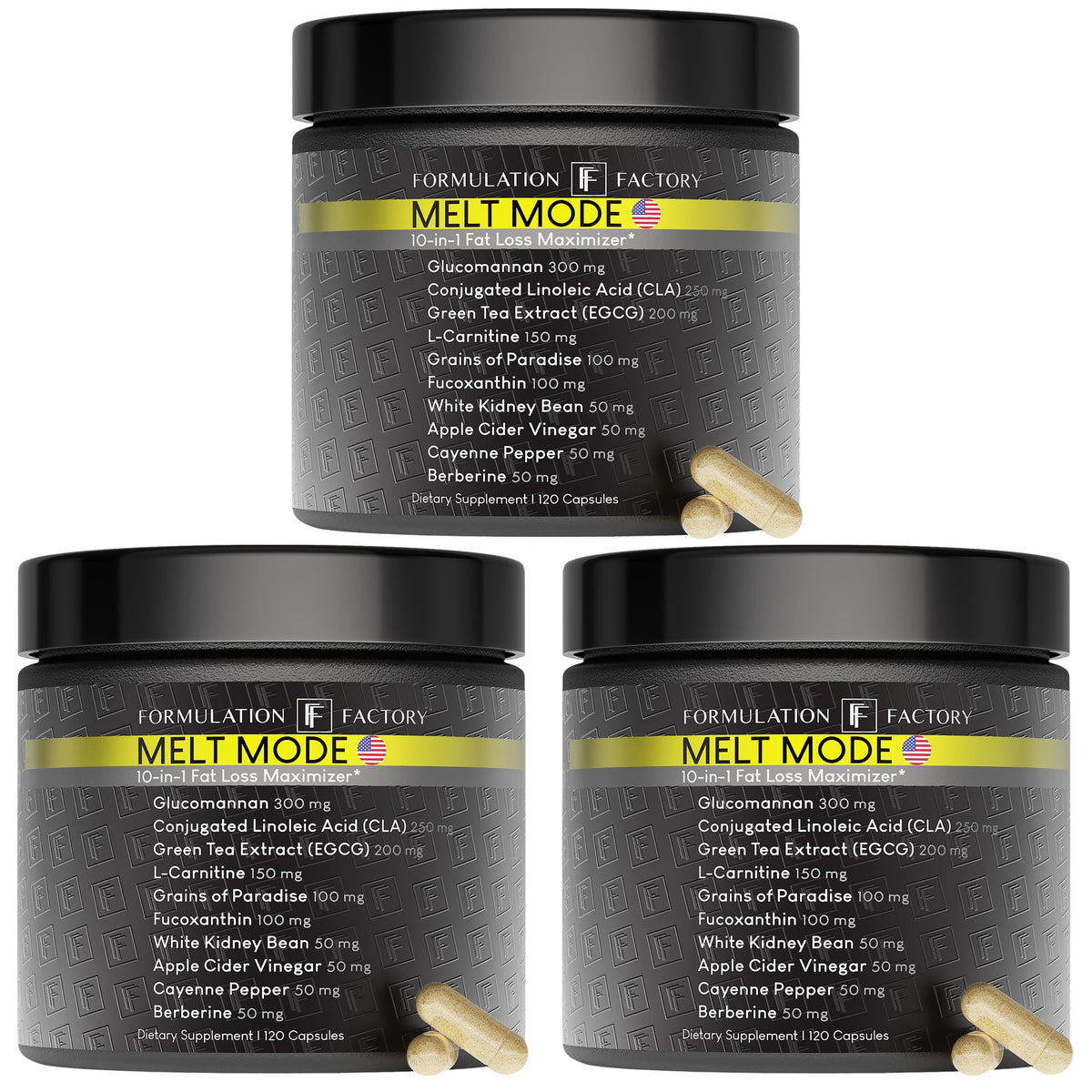 Melt Mode dietary supplement bottle, dark gray label with black cap and yellow band