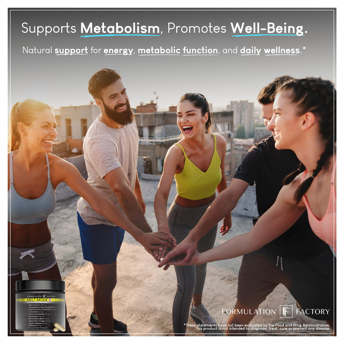 Dietary supplement bottle with label visible in lower left on a group workout scene