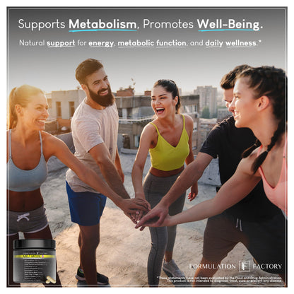 Dietary supplement bottle with label visible in lower left on a group workout scene