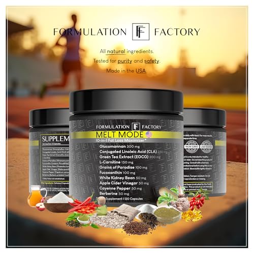 Melt Mode supplement bottle with ingredient powders, berries, and capsules around it