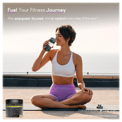 Dietary supplement bottle with label visible in lower left on a fitness lifestyle scene