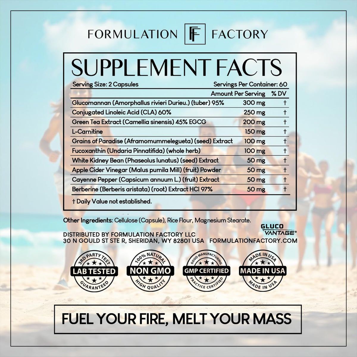 Dietary supplement bottle front label showing Supplement Facts panel and certification badges