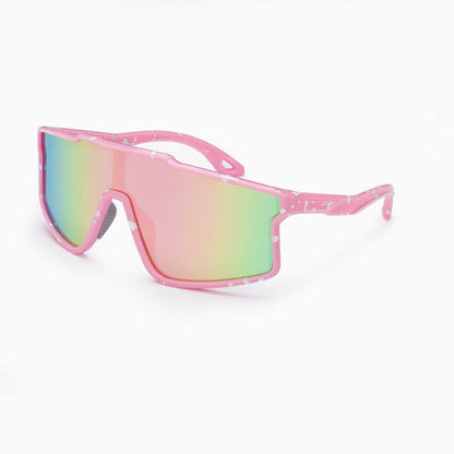 Youth polarized sunglasses, pink speckled frame, reflective rainbow mirrored lenses