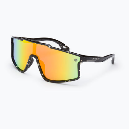Youth polarized sunglasses, black speckled frame, reflective amber-green mirrored lenses
