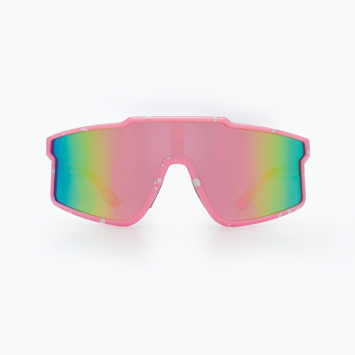 Youth polarized sunglasses, pink frame, front view with reflective pink-green mirrored lenses