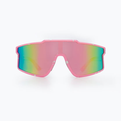 Youth polarized sunglasses, pink frame, front view with reflective pink-green mirrored lenses