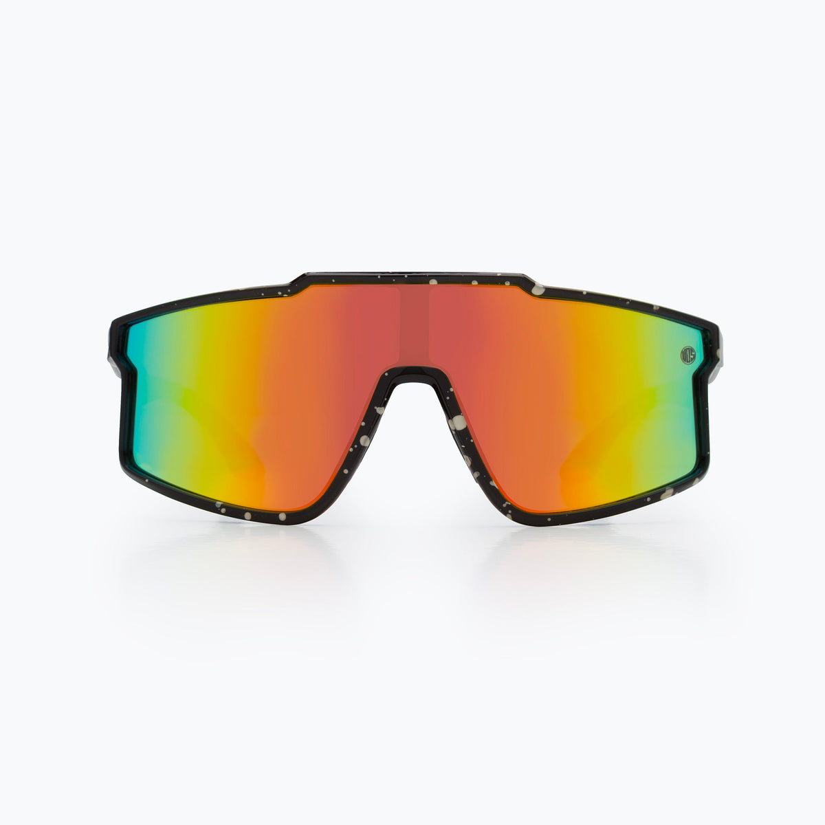 Youth polarized sunglasses, black frame, reflective rainbow mirrored lenses, front view