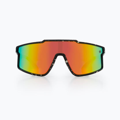 Youth polarized sunglasses, black frame, reflective rainbow mirrored lenses, front view