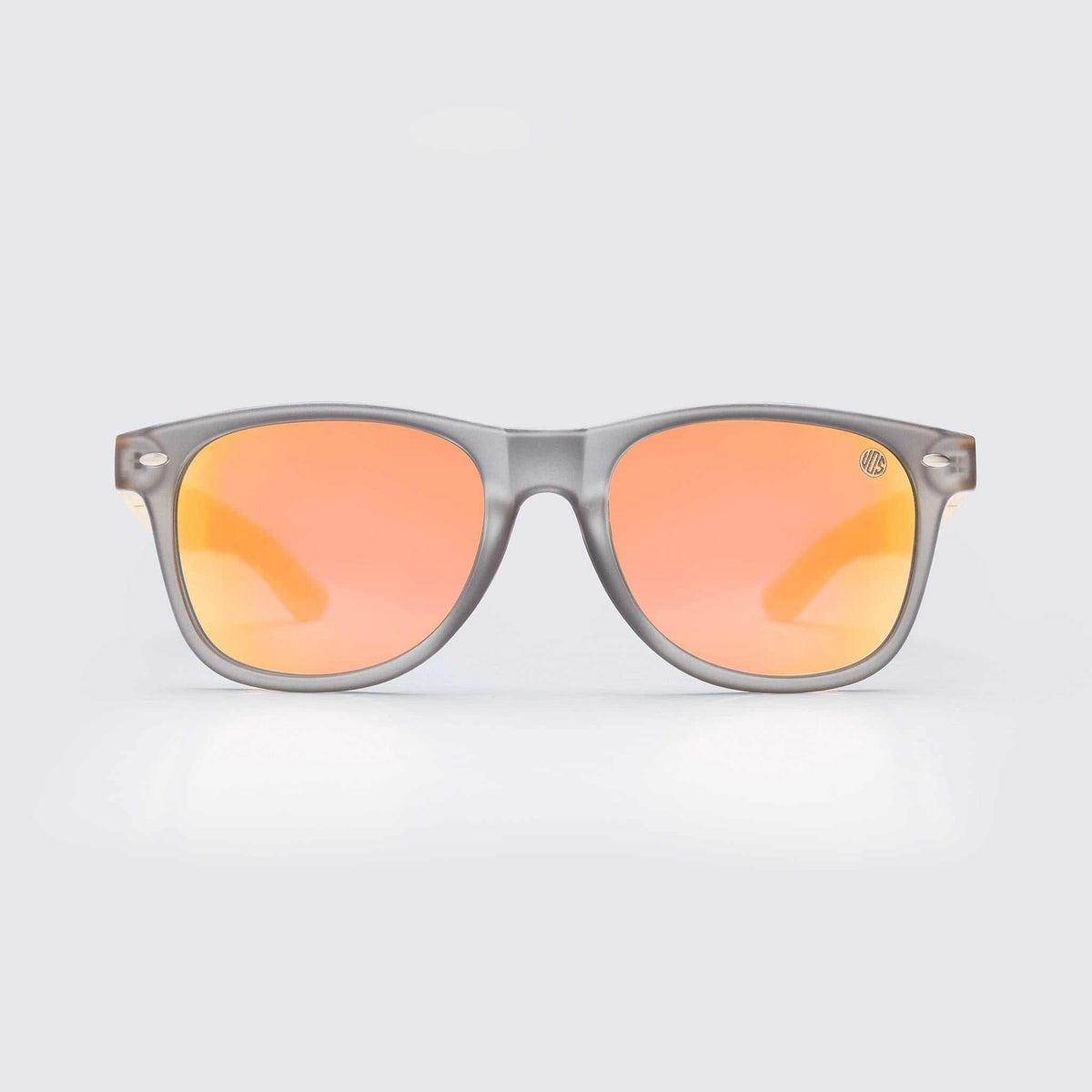XL sunglasses with light gray frame and orange mirrored lenses, bamboo-style arms
