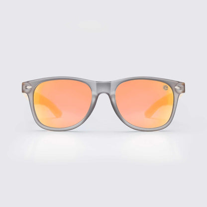 XL sunglasses with light gray frame and orange mirrored lenses, bamboo-style arms