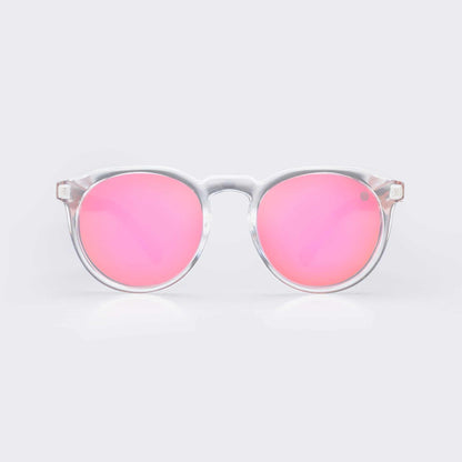 Front view round sunglasses with clear frame and pink tinted lenses
