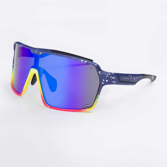 Wrap-around sports eyewear with blue frame and multicolor reflective lenses