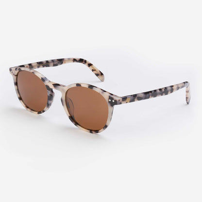 Leopard-print sunglasses with brown tinted lenses and clear top-frame detail