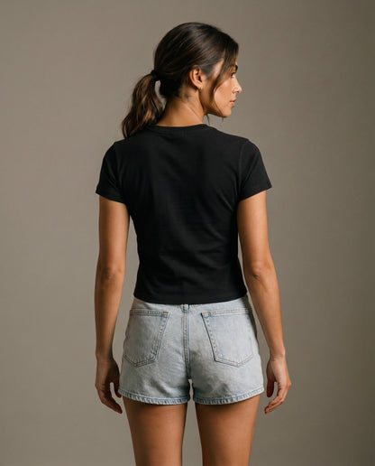 Black crewneck t-shirt back view with no visible logo, short sleeves.