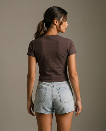 Brown short-sleeve crewneck T-shirt with small chest graphic logo, plain back