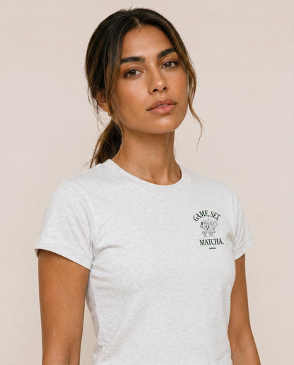 White short-sleeve crewneck T-shirt with small chest logo print on left