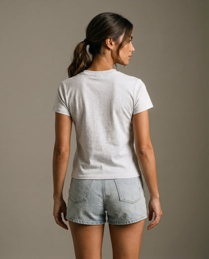 Light gray short-sleeve crewneck T-shirt with small back logo, plain front