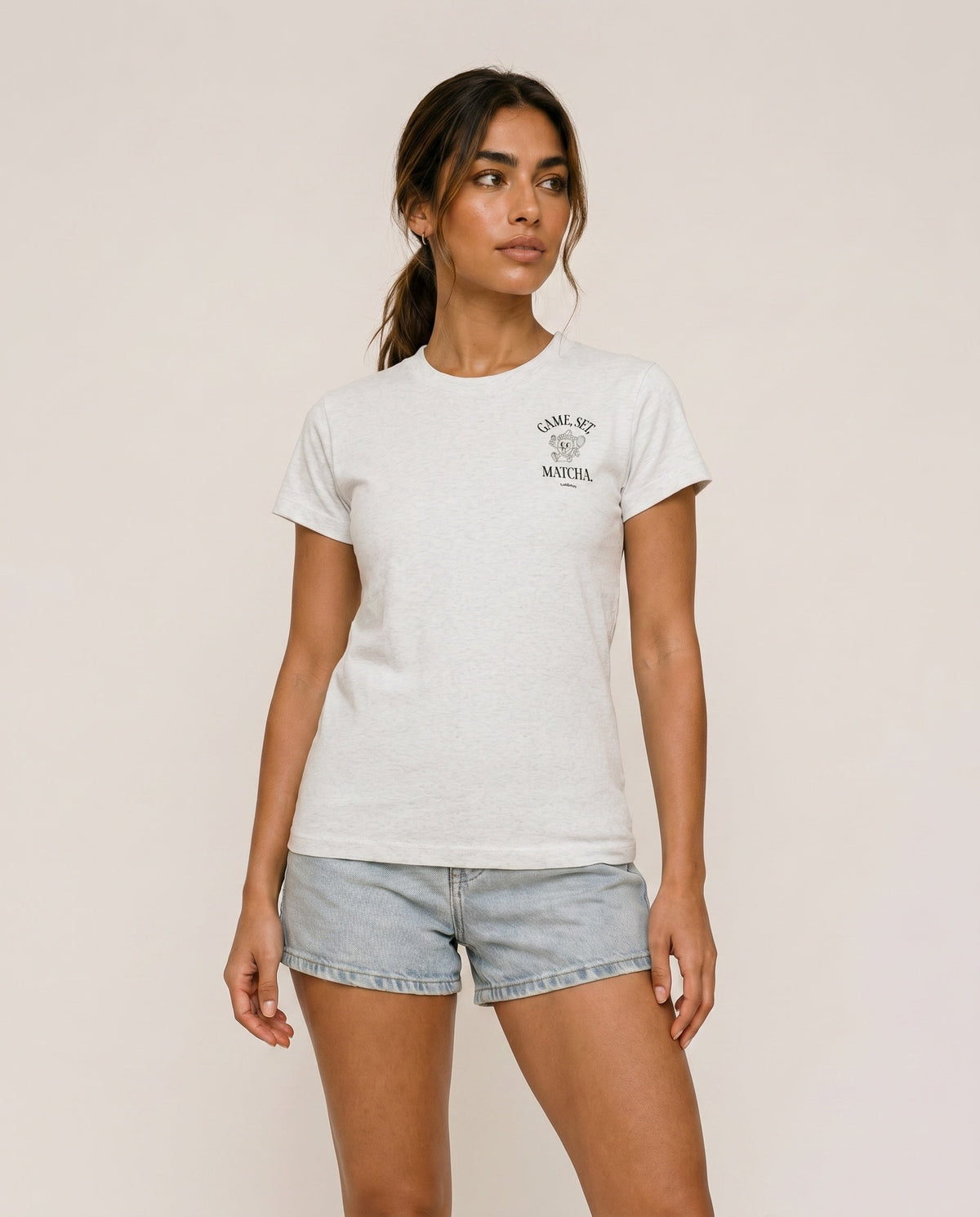 Light gray short-sleeve crewneck T-shirt with small chest graphic logo