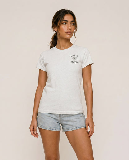 Light gray short-sleeve crewneck T-shirt with small chest graphic logo