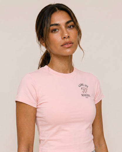 Pink short-sleeve crewneck T-shirt with small chest logo print on left