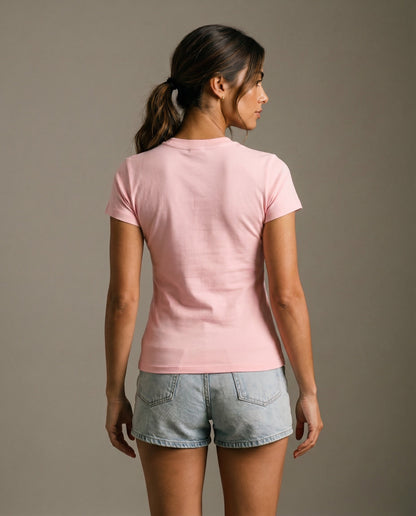 Pink short-sleeve crewneck T-shirt with small back logo, plain front