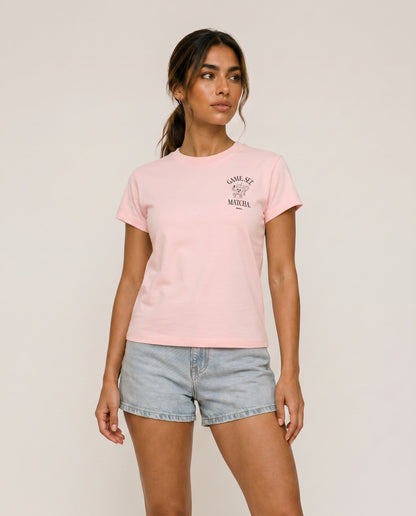 Pink short-sleeve crewneck T-shirt with small chest graphic logo and straight hem