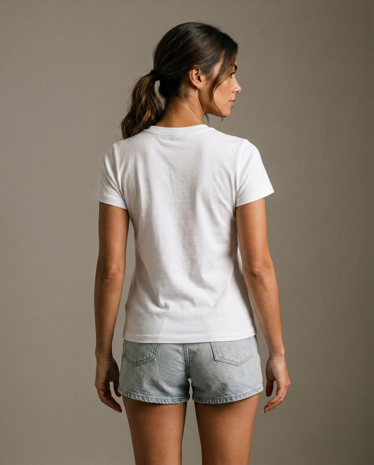 White crewneck T-shirt from the back view, short sleeves